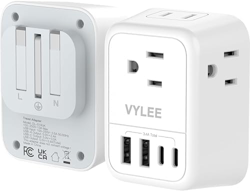 2 Pack European Travel Plug Adapter, VYLEE International Travel Adapter with 2 Outlets 4 USB Ports(2 USB C), 6 in 1 Type C Travel Essentials Charger for US to Most of Europe EU Italy Spain France