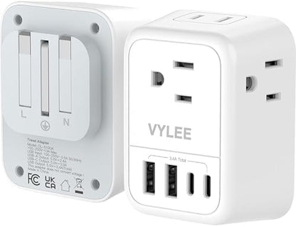 2 Pack European Travel Plug Adapter, VYLEE International Travel Adapter with 2 Outlets 4 USB Ports(2 USB C), 6 in 1 Type C Travel Essentials Charger for US to Most of Europe EU Italy Spain France