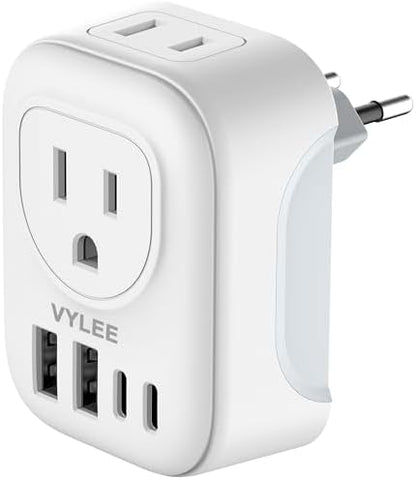 2 Pack European Travel Plug Adapter, VYLEE International Travel Adapter with 2 Outlets 4 USB Ports(2 USB C), 6 in 1 Type C Travel Essentials Charger for US to Most of Europe EU Italy Spain France