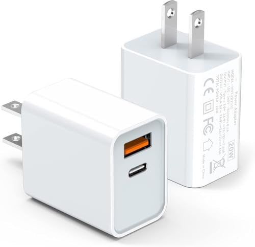 USB C Wall Charger Block 20W, 2-Pack Dual Port PD Power Delivery Fast Type C Charging Block Plug Compatible with iPhone 11/12/13/14/15/16/Pro Max, XS/XR/X Pro Samsung Galaxy