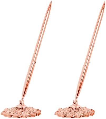 Bcxfbxd 2 Pcs Hollow Round Pen Holder Metal Pen Stand Holder Set Signing Pen Set Signing Desk Ballpoint Pens for Guest Book Wedding Birthday Party Graduation Teacher Office Business (Gold)