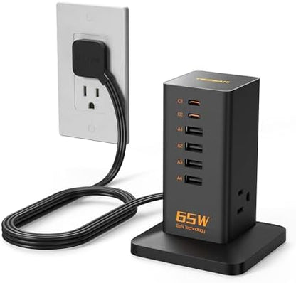 Charging Station, TESSAN 65W Max GaN USB C Charger Block, 6-Ports and 3 AC Outlets Power Tower, Fast Charging for Multiple Devices, Compatible with iPhone, Samsung and More