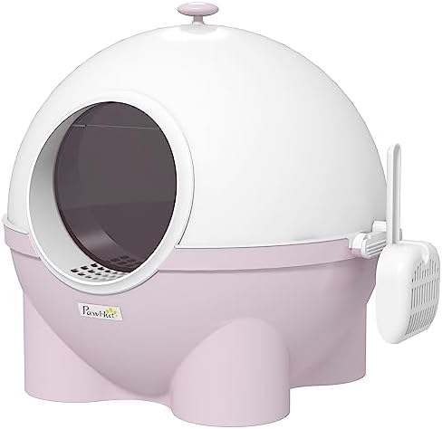 PawHut Cat Litter Box with Lid, Enclosed Kitty Litter Box with Scoop, Leaking Sand Pedal, Top Handle, Pink