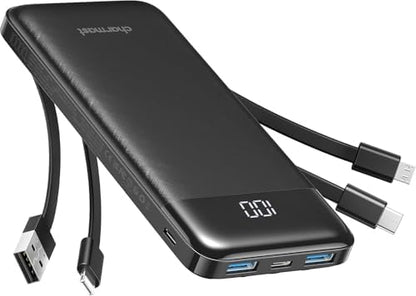 Charmast Portable Charger with Built in Cables, Power Bank with Cords Wires, Slim 10000mAh Travel Battery Pack 6 Outputs 3 Inputs 3A Fast Charging for Samsung Google Pixel LG Moto iPhone iPad