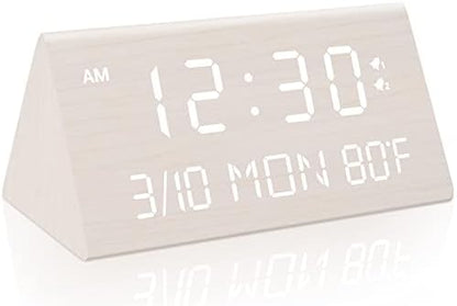 Kogonee Wooden Digital Alarm Clock, 0-100% Dimmer, 2 Alarm Settings, Weekday/Everyday Mode, 9 Mins Snooze, 12/24H, Temperature and Date Display for Office, Travel, Bedroom Alarm Clock (White)