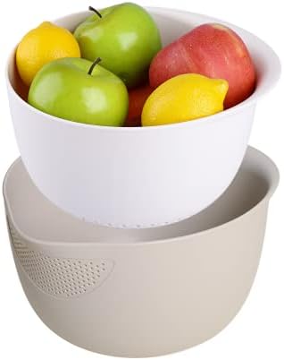 Blue Ginkgo Rice Washing Bowl and Colander Kitchen Set - Strain Rice, Quinoa and Small Grains - Soak, Wash and Drain Produce (4 Quart) - Cream and Limestone
