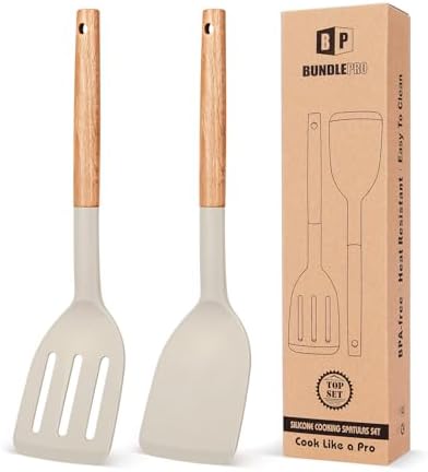 Silicone Cooking Spatula Set | Heat Resistant Turner | Non Stick Kitchen Spatula | Wooden Handle Cooking Tool | Frying Baking Utensils - PuriLite