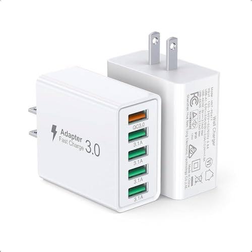 50W USB Wall Charger Block,2Pack 5-Port Charger Fast Charging Block QC 3.0 Multiport Box Brick Cube USB A Wall Plug for iPhone 16/15/14 Pro Max Plus, iPad,Galaxy, LG, Moto, Android Phones,AirPorts