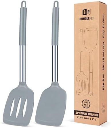 Pack of 2 Silicone Slotted Spatula,Non Stick Solid Kitchen Turner, High Heat Resistant BPA Free Cooking Utensils for Fish, Eggs, Pancakes（Black