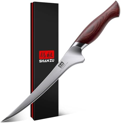 SHAN ZU Fillet Knife 7 inch, Razor Sharp Boning Knife for Meat in 10Cr15Mov Japanese High Carbon Steel Fish Knife, Professional Kitchen with Flexible Blade and Ergonomic Pakkawood Handle