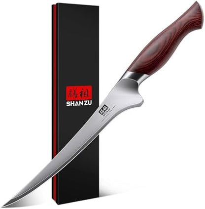 SHAN ZU Fillet Knife 7 inch, Razor Sharp Boning Knife for Meat in 10Cr15Mov Japanese High Carbon Steel Fish Knife, Professional Kitchen with Flexible Blade and Ergonomic Pakkawood Handle
