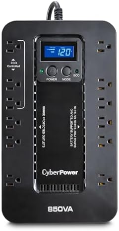CyberPower EC850LCD Ecologic Battery Backup & Surge Protector UPS System, 850VA/510W, 12 Outlets, ECO Mode, Compact, Uninterruptible Power Supply