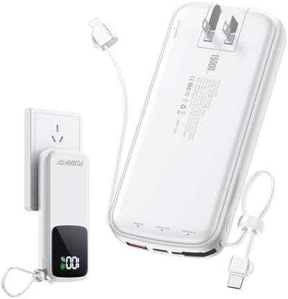 Portable Charger Power Bank, 15000mAh Portable Charger Fast Charging Lightweight, Built-in AC Wall Plug and 2 Output Cables with LED Display for iPhone Samsung iPad etc (White)