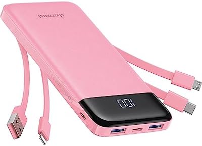 Charmast Portable Charger with Built in Cables, Power Bank with Cords Wires, Slim 10000mAh Travel Battery Pack 6 Outputs 3 Inputs 3A Fast Charging for Samsung Google Pixel LG Moto iPhone iPad