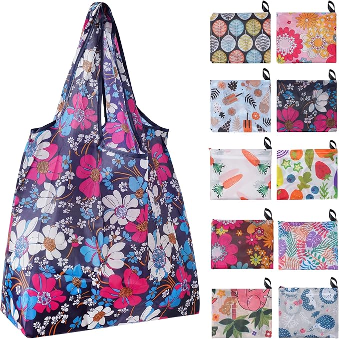 Asiulalt 10 Pack Reusable Grocery Shopping Bags, Foldable Shopping Tote Bags with Attached Pouch, Large Heavy Duty Washable Grocery Bag for Daily Shopping (Multiple Color)