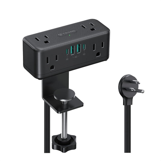 Desk Clamp Power Bar with Surge Protection, PD 20W USB-C Charging, 6 AC Outlets and 4 USB Ports, Flat Plug Extension Cord for Home Office and Desktop Use, Black