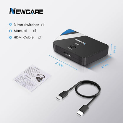 NEWCARE 4K@60Hz HDMI Switch 3 in 1 Out, HDMI Switcher 3X1 with HDMI Cable, 3-Port HDMI Switch Box Supports HDCP2.2, HDMI2.0, 3D, HDR, 1080P for PS4/PS5 Xbox Fire Stick PC HDTV DVD Player