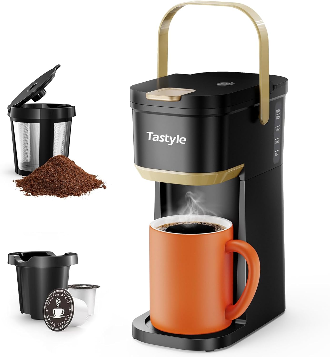 Tastyle Single Serve Mini Coffee Maker, for K Cups and Grounds, with Portable Handle, 6 to 12 Oz Brew Size, for Travel, Camping, Office, RV and Dorm, Black and Gold