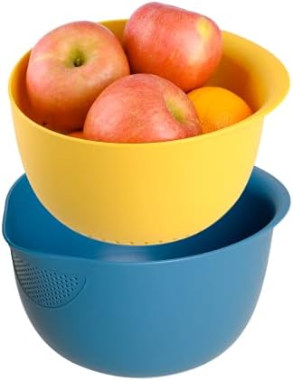 Blue Ginkgo Rice Washing Bowl and Colander Kitchen Set - Strain Rice, Quinoa and Small Grains - Soak, Wash and Drain Produce (4 Quart) - Cream and Limestone