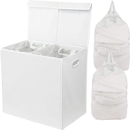 SimpleHouseware Double Laundry Hamper with Lid and Removable Laundry Bags, Beige