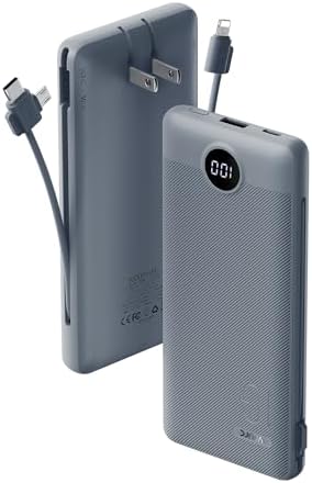 Portable Charger Built-in Cables and AC Wall Plug, VRURC USB C Power Bank 10000mAh, [2025 Upgraded Version] Phone Charger Compact Lightweight External Battery Pack for Smart Phones,Navy Blue