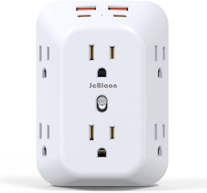 Multi Plug Socket Surge Protector | 10-in-1 Wall Outlet Extender | 6 AC Outlets | 2 USB-A & 2 USB-C Ports | 4-Pack