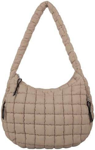 Quilted Puffer Tote Bag Large Crossbody Shoulder Bag with Zipper, Nylon Hobo Oversized Handbag