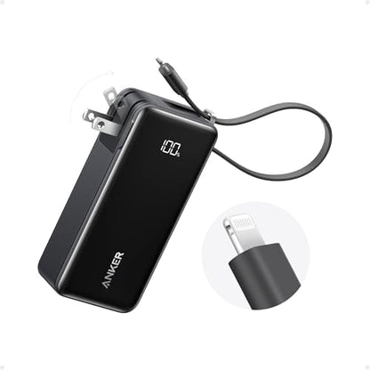 ANKER Nano 3-in-1 Power Bank, Foldable AC Plug, 10,000mAh, 30W Two-Way Fast Charging, Built-in Lightning Cable (Not for iPhone 16/15 Series), Compatible with iPhone 14 Series, AirPods, and More