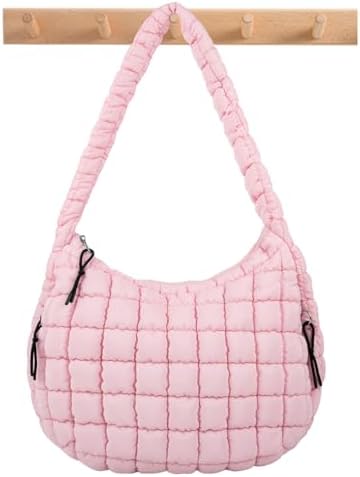 Quilted Puffer Tote Bag Large Crossbody Shoulder Bag with Zipper, Nylon Hobo Oversized Handbag