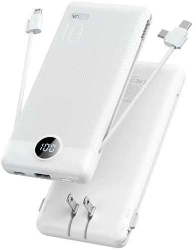 Portable Charger for iPhone, 10000mAh Power Bank with Built-in Cables & AC Wall Plug, USB C Phone Charger 5 Output External Battery Pack Compatible with iPhone Samsung Google Pixel Android -White