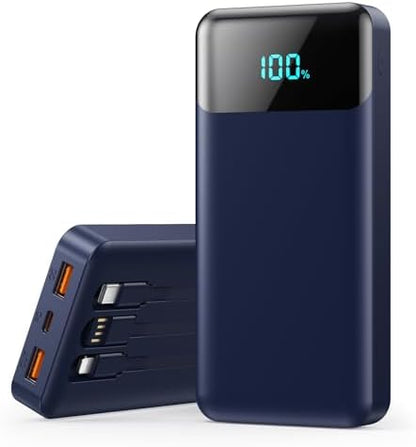 Power Bank 40800mAh Portable Charger with 3 Built-in Cable,25W PD USB C in&Out Power Bank Fast Phone Charging,QC4.0 LED Display Portable Battery Pack Compatible with iPhone 16/15,Samsung Android-Black