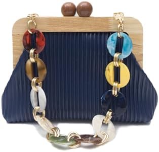 CORIOS Women Evening Bag Pleated Clutch Bag Wooden Beads Handbag Bridal Wedding Purse Elegant PU Leather Shoulder Bag