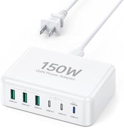 USB C Fast Charger, 150W 6 Port Desktop PD GaN Fast Charger Charging Station Block 65W USB C Laptop Charger for MacBook Pro/Air iPad iPhone 16 15 14 13 12 Pro Max Galaxy S23 Note 20 Pixel