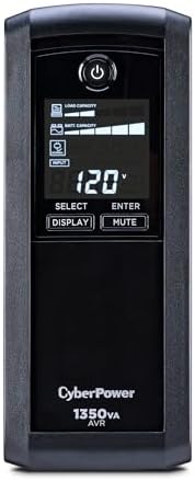 CyberPower CP1500AVRLCD3 Intelligent LCD UPS System, 1500VA/900W, 12 Outlets, 2 USB Ports, AVR, Mini Tower, Black