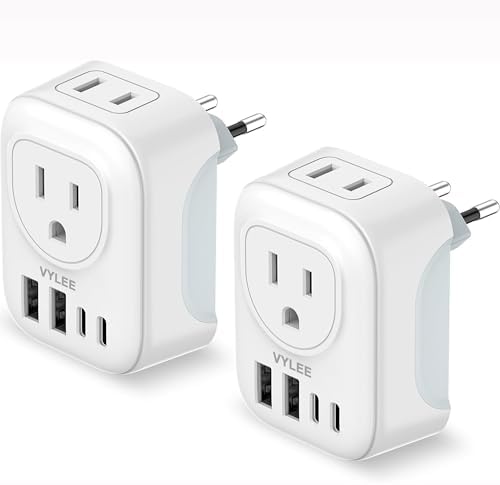 2 Pack European Travel Plug Adapter, VYLEE International Travel Adapter with 2 Outlets 4 USB Ports(2 USB C), 6 in 1 Type C Travel Essentials Charger for US to Most of Europe EU Italy Spain France