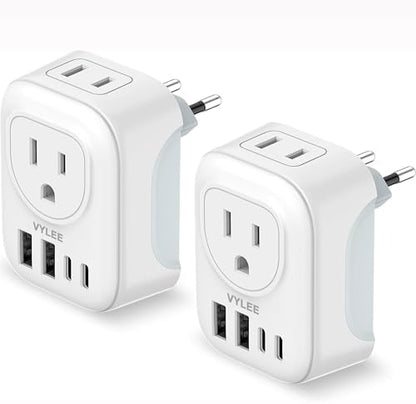 2 Pack European Travel Plug Adapter, VYLEE International Travel Adapter with 2 Outlets 4 USB Ports(2 USB C), 6 in 1 Type C Travel Essentials Charger for US to Most of Europe EU Italy Spain France