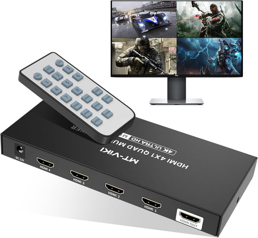 MT-VIKI 4K HDMI Multiviewer 4x1 w/IR Remote, 4K@30Hz Seamless HDMI Switcher 4 in 1 Out for PS4/PS5/Security Camera