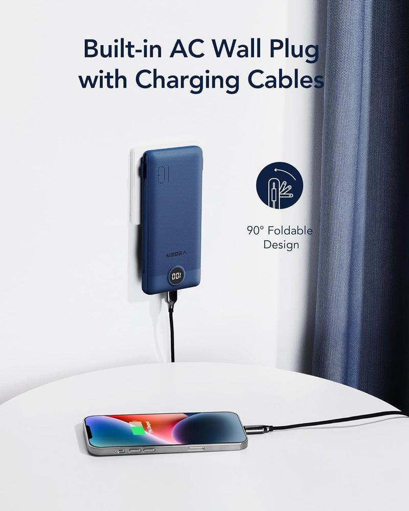 VEGER Portable Charger for iPhone Built in Cables and Wall Plug, 10000mah Slim Fast Charging USB C Power Bank, Travel Essential Battery Pack Compatible with iPhones, iPad, Samsung, and More(Navy)