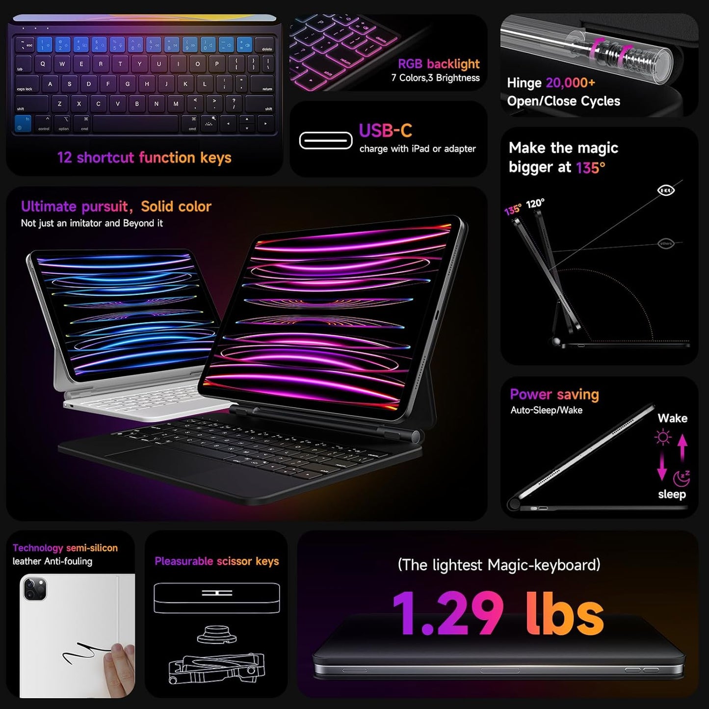 HOU Keyboard Case for iPad Air 11 inch 2024 (M2)&iPad Pro 11 Inch (4th/3rd/2nd/1st) Gen 2022,iPad Air 5th&4th Generation Case with Keyboard,Magic-Stand, Multi-Touch Trackpad,7 Colors Backlight,Black