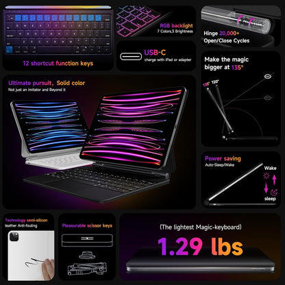 HOU Keyboard Case for iPad Air 11 inch 2024 (M2)&iPad Pro 11 Inch (4th/3rd/2nd/1st) Gen 2022,iPad Air 5th&4th Generation Case with Keyboard,Magic-Stand, Multi-Touch Trackpad,7 Colors Backlight,Black