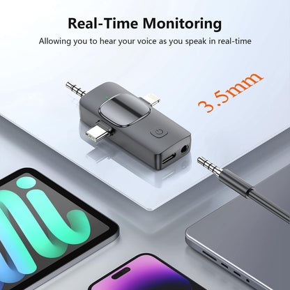 Wireless Lavalier Microphone for iPhone iPad Android Camera, 3 in 1 Mini Microphone Plug-Play Wireless Mic with Noise Reduction for Podcasting, Mini Lapel Mic for Interview Video Vlog YouTube