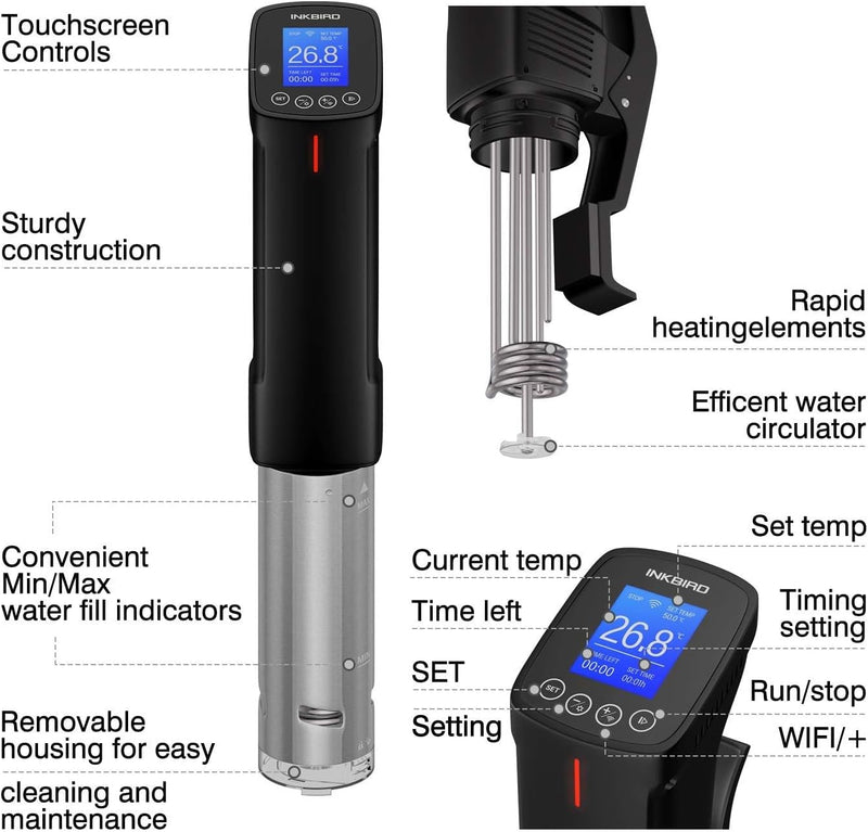 INKBIRD WiFi Sous Vide Cookers, 1000 Watts 3D Power Sous Vide Cooker, Thermal Immersion Circulator with Recipe, Digital Interface, Temperature and Timer for Kitchen, ISV-100W