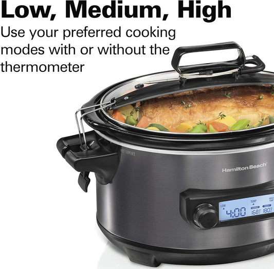 Hamilton Beach Portable 6 Quart Set & Forget Digital Programmable Slow Cooker with Lid Lock, Temperature Probe, Dishwasher Safe Crock & Lid, Black Stainless (33866) - PuriLite