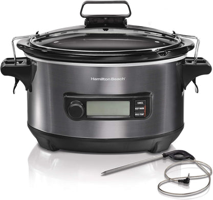 Hamilton Beach Portable 6 Quart Set & Forget Digital Programmable Slow Cooker with Lid Lock, Temperature Probe, Dishwasher Safe Crock & Lid, Black Stainless (33866)