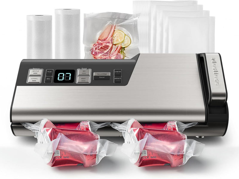 Mesliese Vacuum Sealer Machine, 95kPa 140W Double Seal Powerful Food Sealer, One Hand Operation Food Storage with Build-in Cutter & Roll Storage, ETL Tested, Includes 2 Bag Rolls, 5pcs Pre-cut Bags