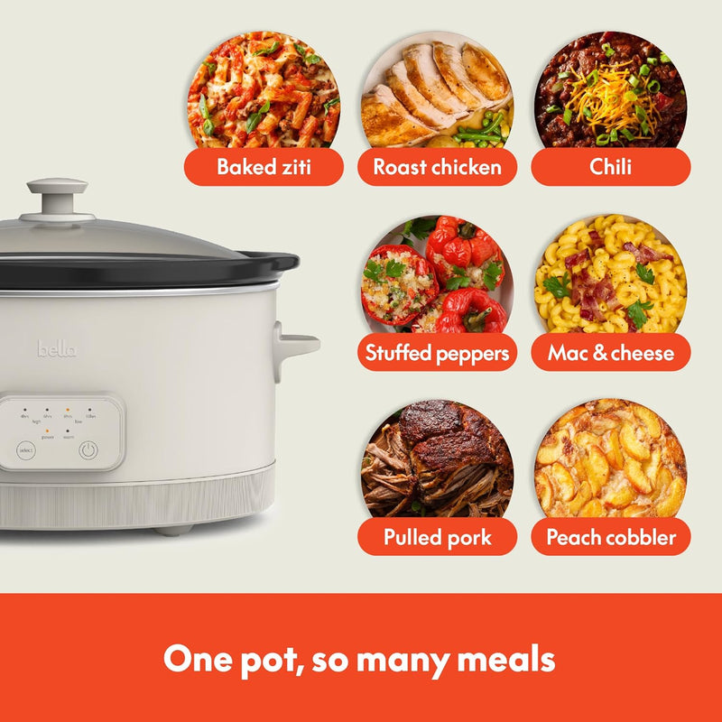 bella 6.0 Qt Programmable Slow Cooker, EverGood™ Ceramic Nonstick Coating, Adjustable Temperature & Cooking Times, Dishwasher Safe Stoneware Pot & Tempered Glass Lid, Tangle Free Cord Wrap, Oatmilk