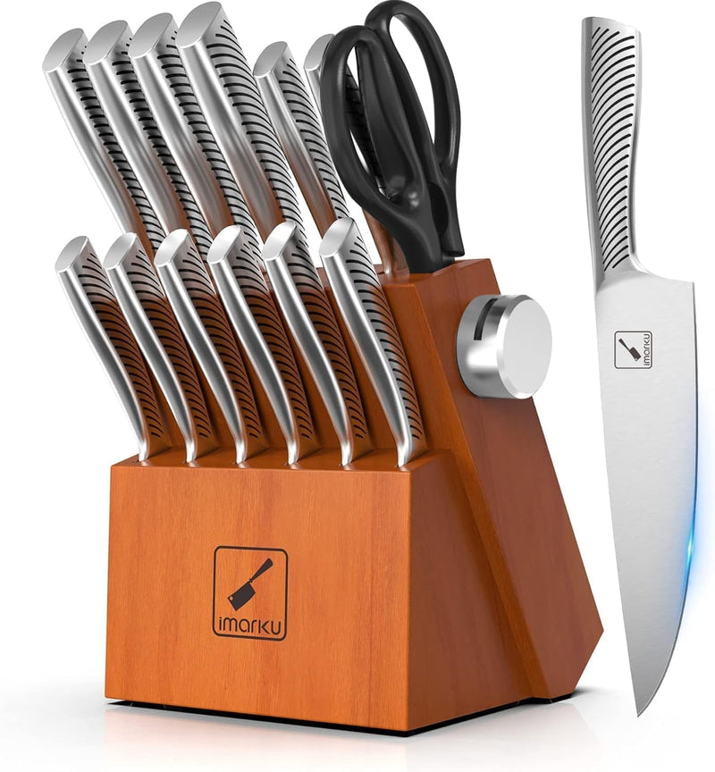 Knife Set, imarku 14-Piece Kitchen Knife Set with Block, Professional Chef Knife Set with Knife Rod, German High Carbon Steel Kitchen Knives Set