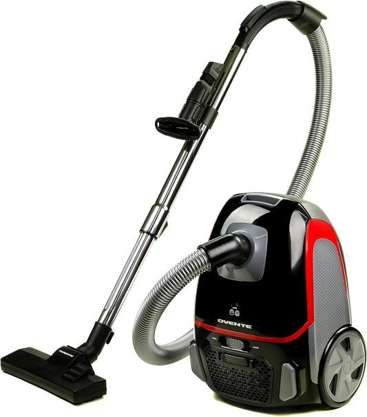 OVENTE Electric Vacuum Cleaner with Speed Control Suction, Adjustable Stainless Steel Wand and Automatic Cord Rewind, Lightweight Cleaning Machine for Hard Floors and Carpets, Black ST1600B