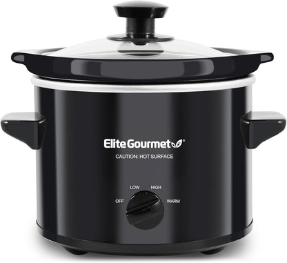 Elite Gourmet MST239X Electric Round Slow Cooker, Adjustable Temp, Entrees, Sauces, Stews & Dips, Dishwasher Safe Glass Lid & Crock, 2 Quart, Black
