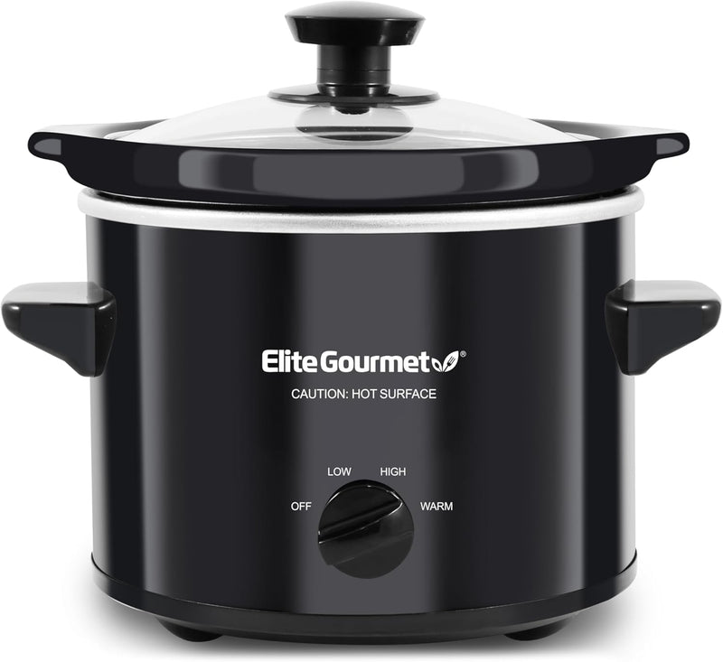 Elite Gourmet MST239X Electric Round Slow Cooker, Adjustable Temp, Entrees, Sauces, Stews & Dips, Dishwasher Safe Glass Lid & Crock, 2 Quart, Black